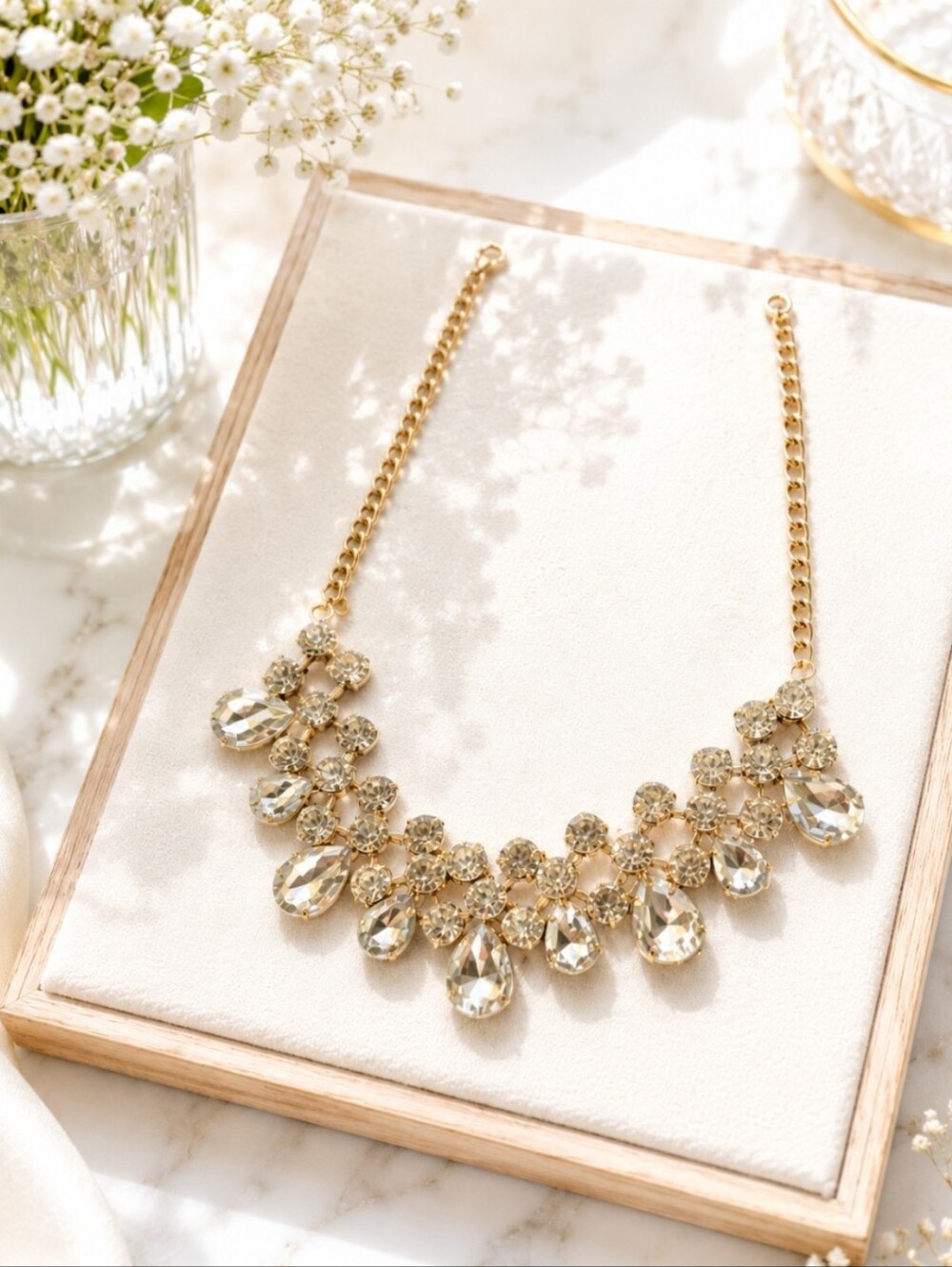 Crystal Teardrop Statement Necklace - Gold Tone